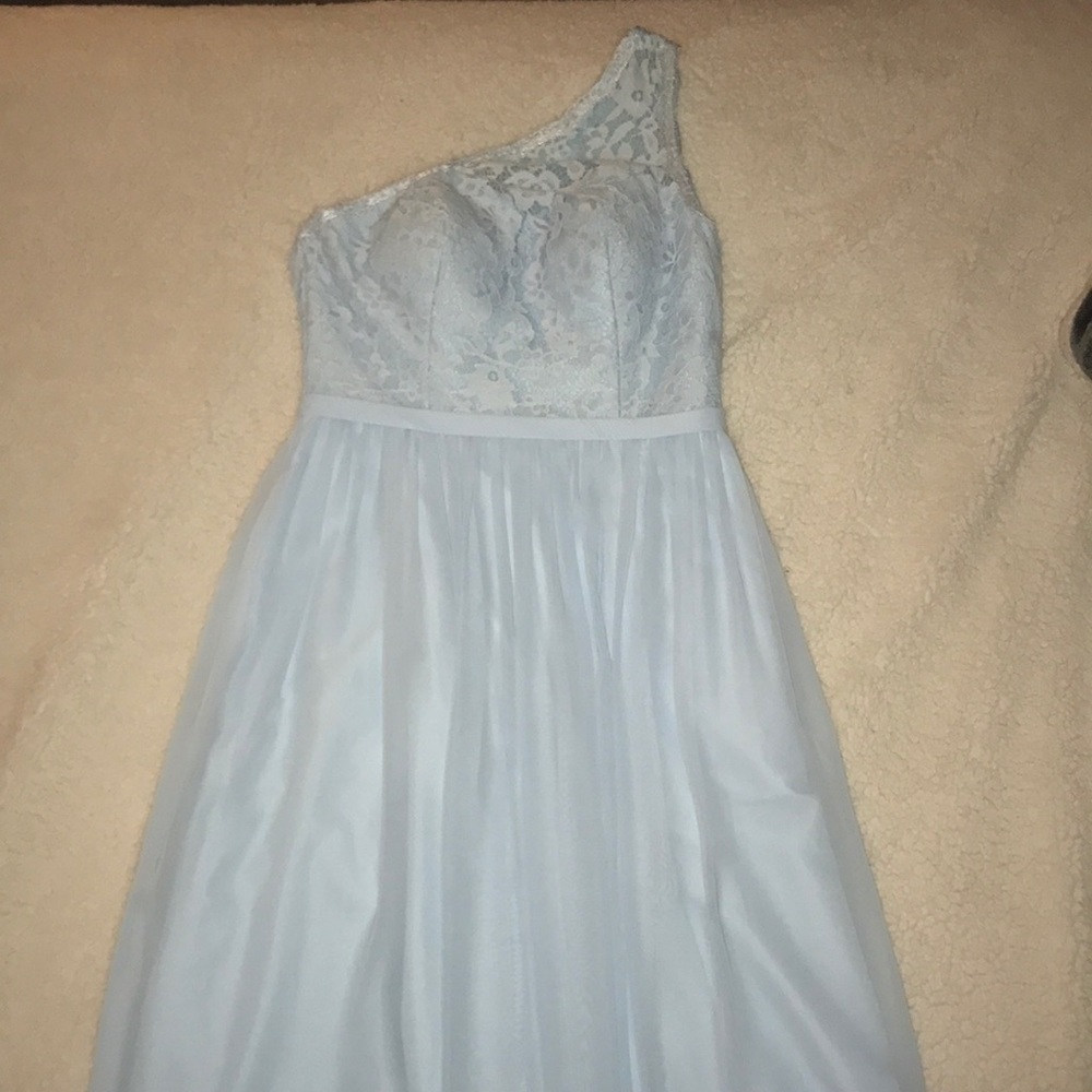 Long, light blue, one shoulder bridesmaid dress